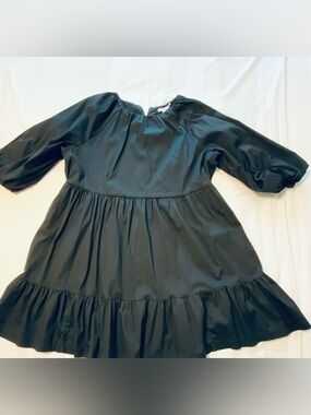 Chico’s Black Poplin Dress Size 3 (US 16/18) Puff Sleeve Tiered Babydoll Cotton